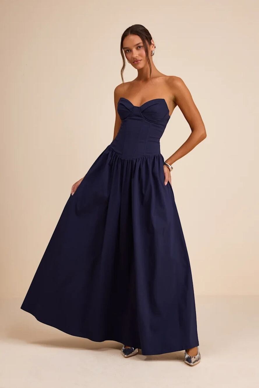 Lulus Almeria Navy Blue Strapless Lace-Up Maxi Dress Size Small